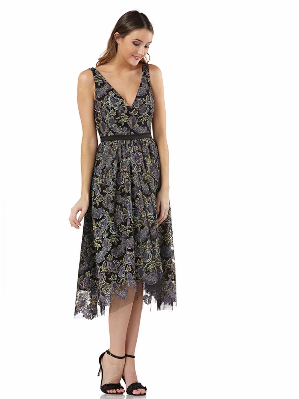 JS COLLECTIONS METALLIC FLORAL LACE FIT & FLARE  MIDI DRESS sz 6 EUC $385